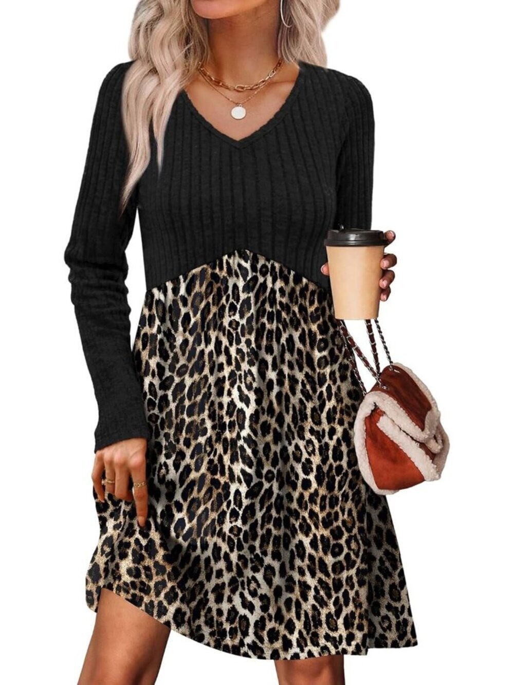 Women's Leopard Neck Empire Waist Baby Doll Long Casual with Pocket Mini Dress